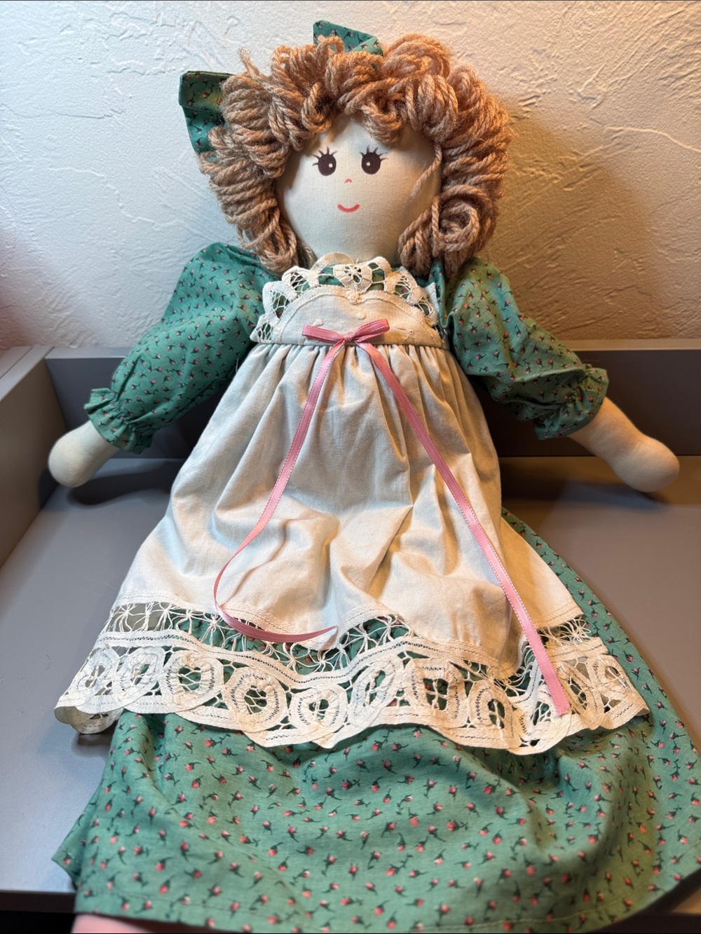 Vintage Handmade Green Rag Doll with White Apron - Classic Kids Toy